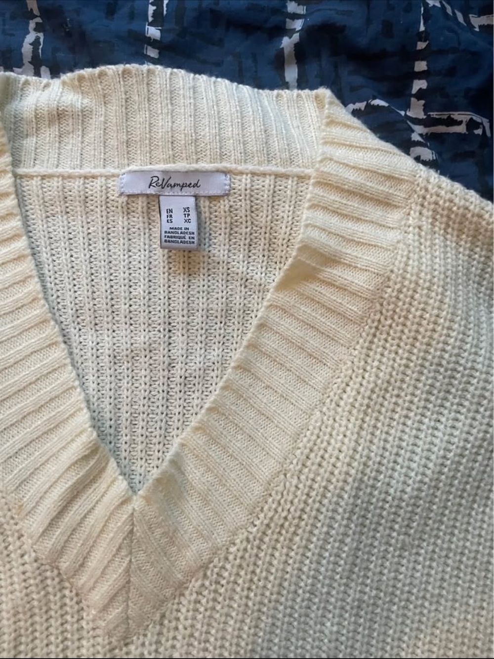 Revamped Cream V-Neck Ribbed Knit Sweater
